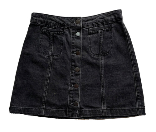 Top Shop Moto Black Faded Button Fly Denim Skirt Mini Short Sz 8