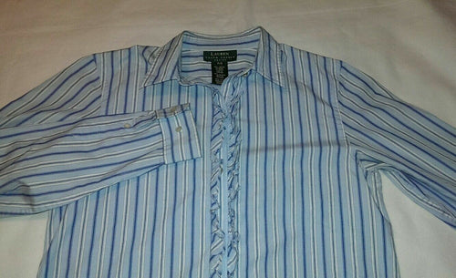 Womens RALPH LAUREN Button Down Shirt Blue Striped Size Small Petite Camisa