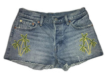 Load image into Gallery viewer, Women&#39;s Levi&#39;s 501 Denim Shorts Size 28 Mini Blue Cut Palm Trees Embroidered