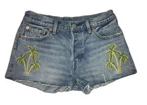 Women's Levi's 501 Denim Shorts Size 28 Mini Blue Cut Palm Trees Embroidered