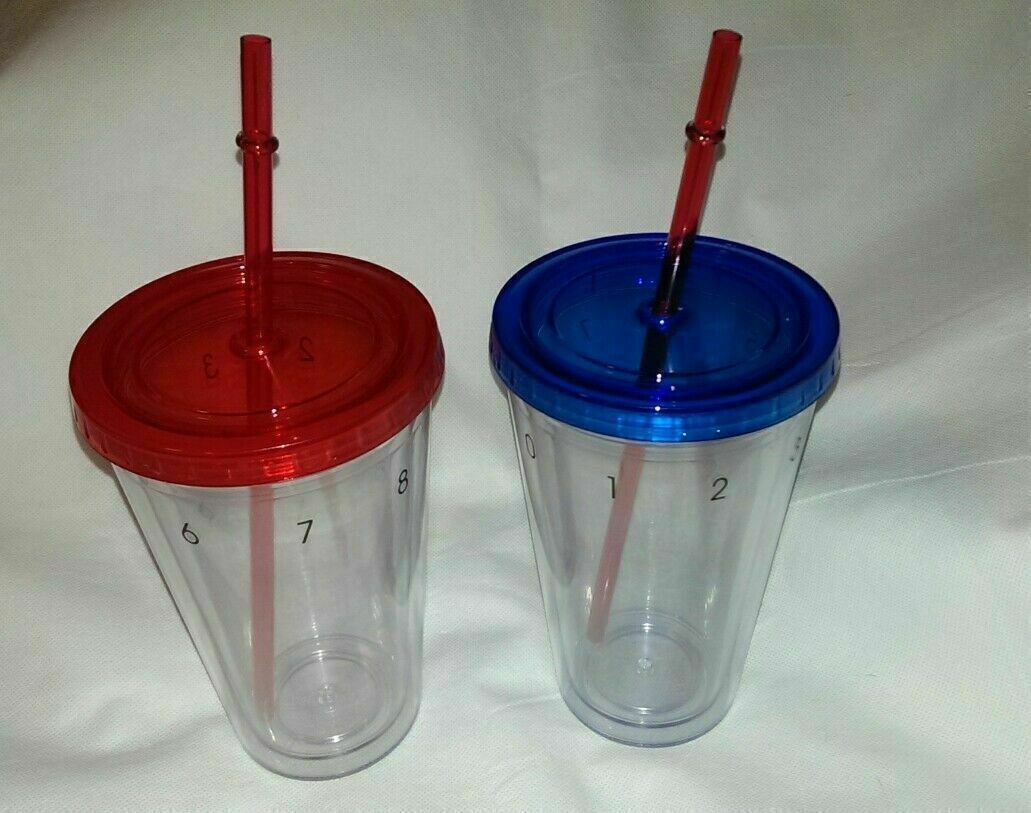 Lot x2 New Clear See Through Tumblers Red White Blue W/Straw 16 oz