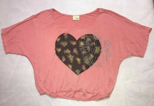 Women's Daytrip Buckle Heart Bling Top T-Shirt Size Small Pink Loose Crop Top