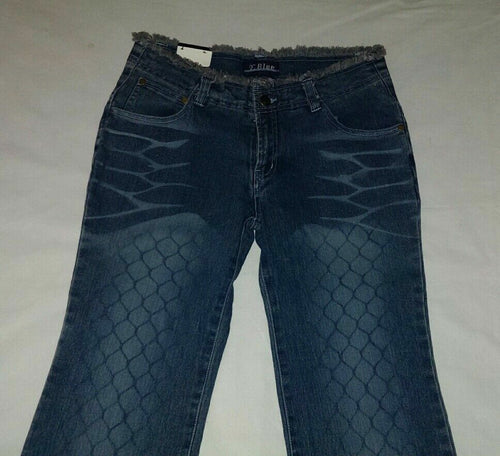 Women's EB E Blue Denim Jeans Bell Fray Sz Medium Flare NWT Koi Print Hex