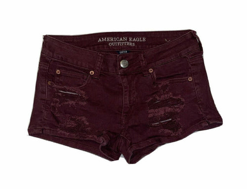 Women's American Eagle Outfitters Shorts Denim Jean Maroon Rips Sz 6 Shortie